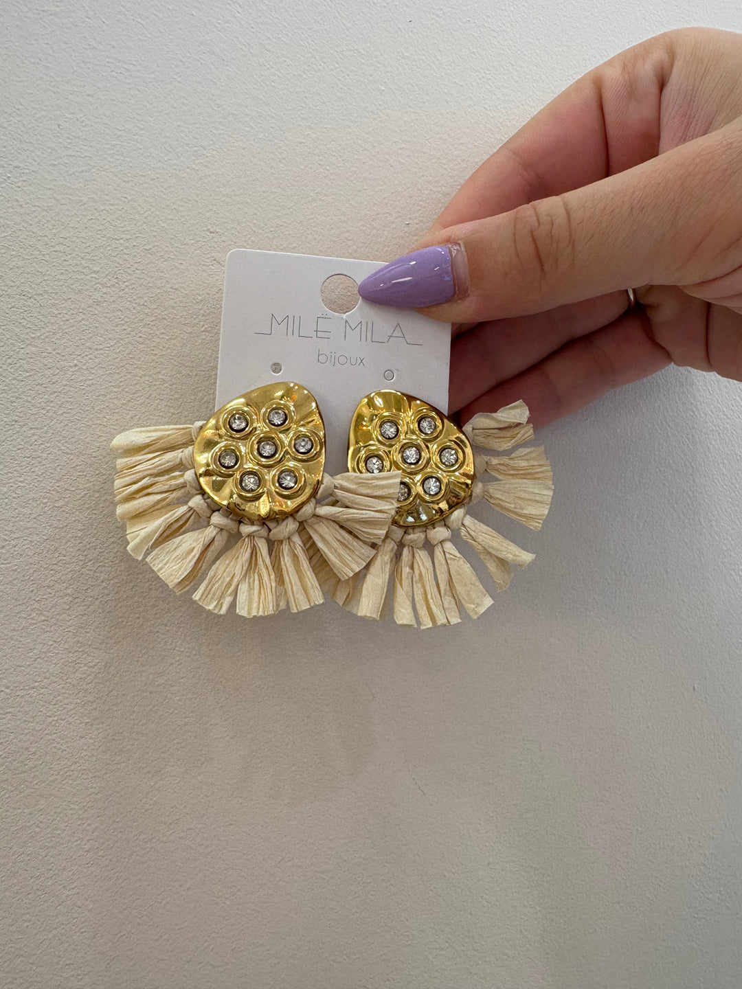 Boucle d'oreille paille martellé or strass