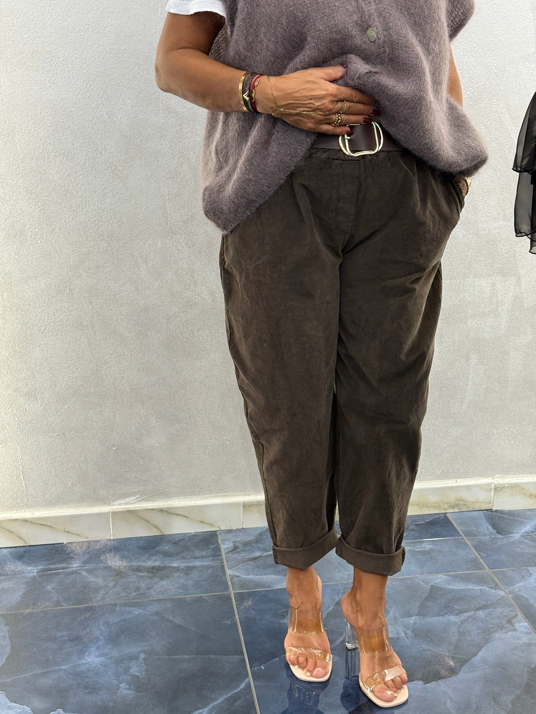 Pantalon carottes velour choco