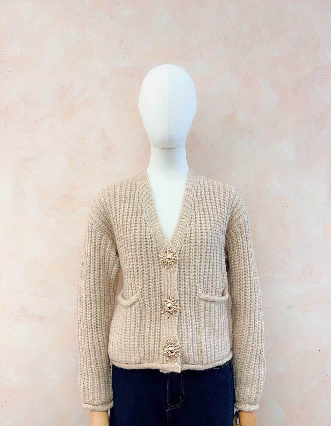 Gilet gros maille bouton soleil 1021 Beige