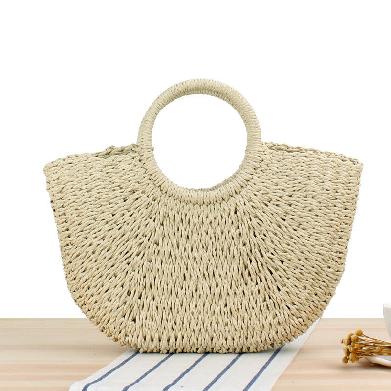 Sac tressé anse rond beige