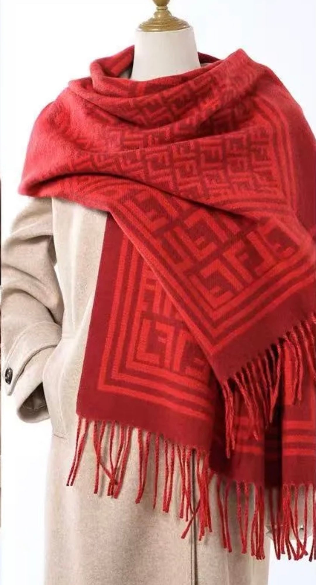 Écharpe rouge imprimé F franges 83056
