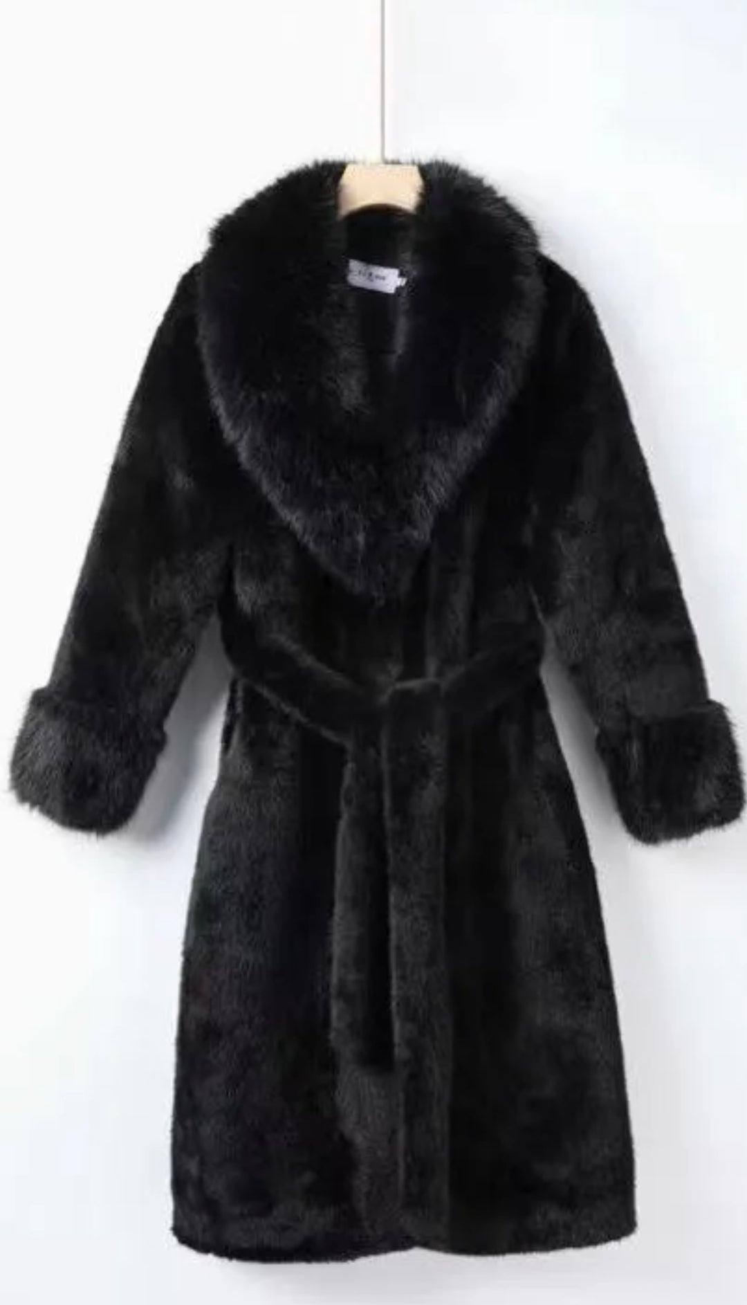 Manteau noir moumoute ceinture 7179