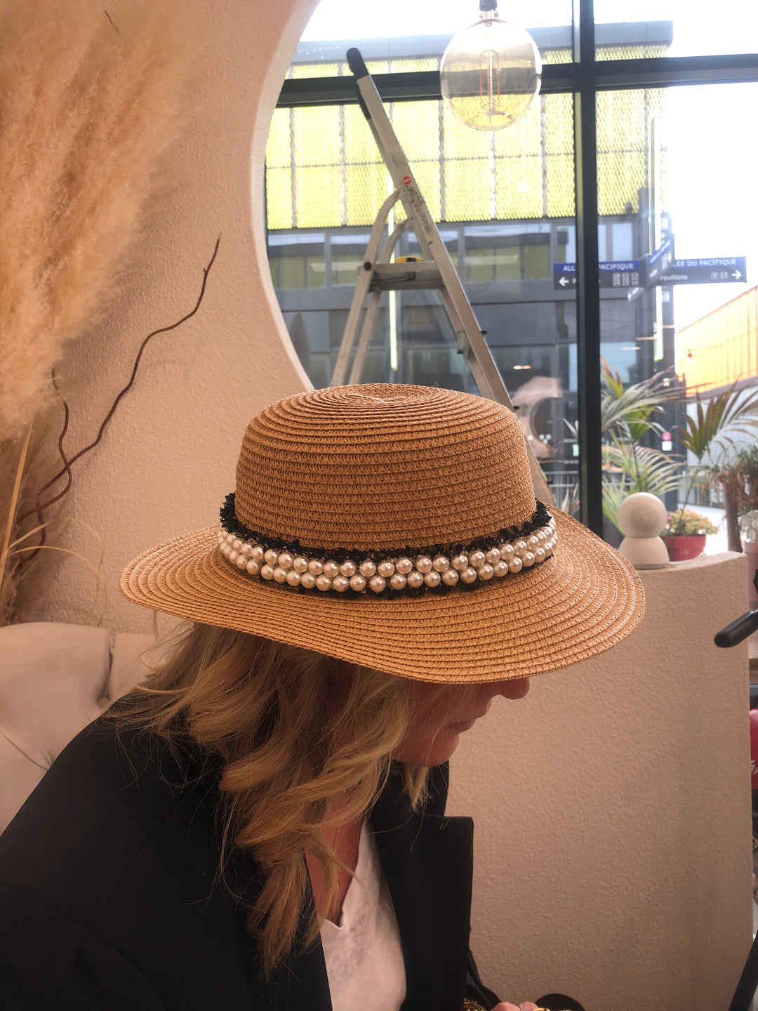 Chapeau canotier double rangée perle
