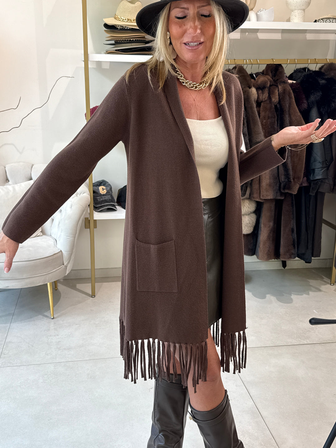 Gilet mi long frange choco