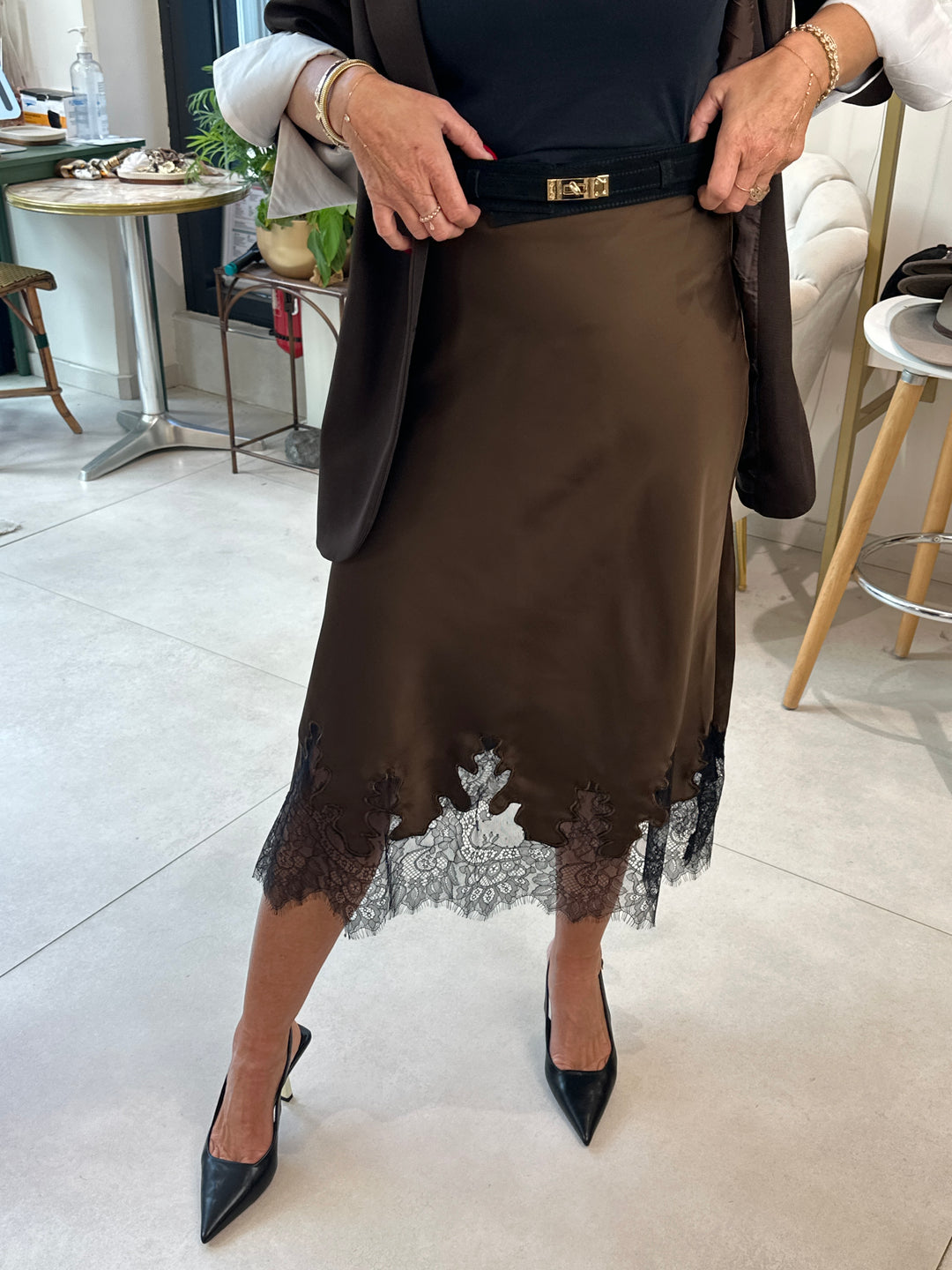 Jupe long satin dentelle 9700 choco