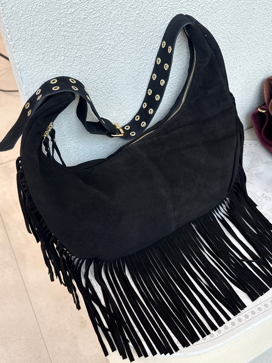 Sac cuir franges anse clous 6767 Noir