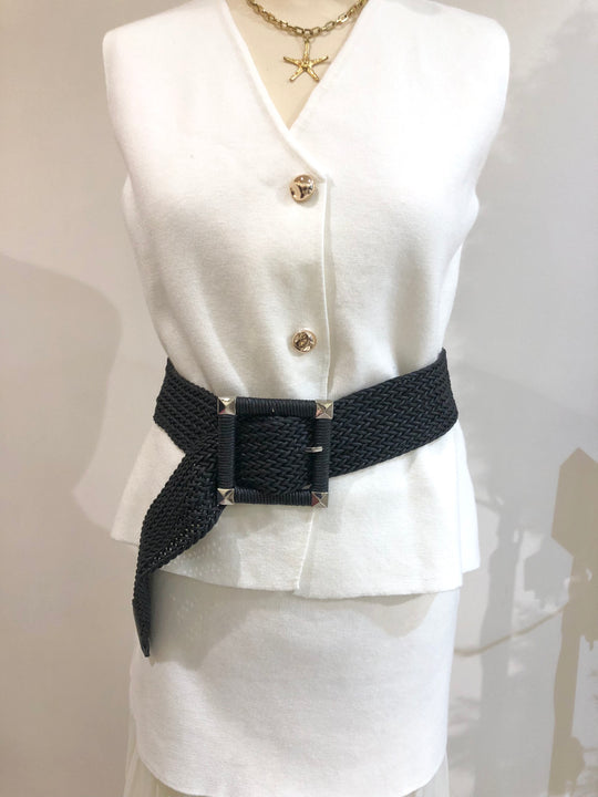 Ceinture Maille noir boucles carrés géométriques argenté