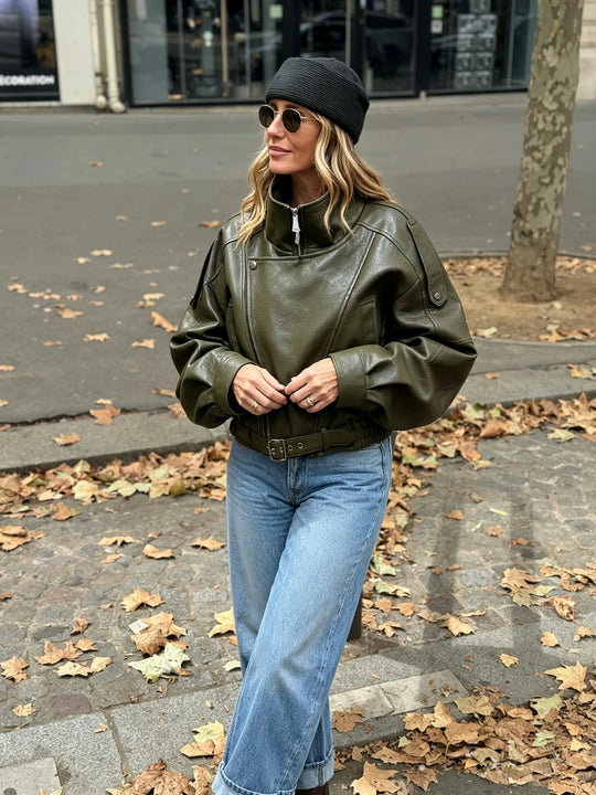 Veste similicuir cintré à la taille 8473 Kaki