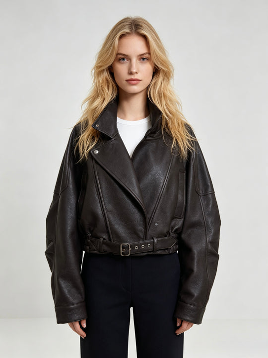 Veste similicuir cintré à la taille 8473 Choco