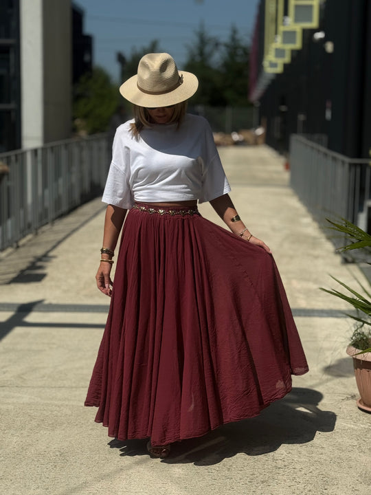 Jupe fluide uni volant bordeaux SANDRA EL803921