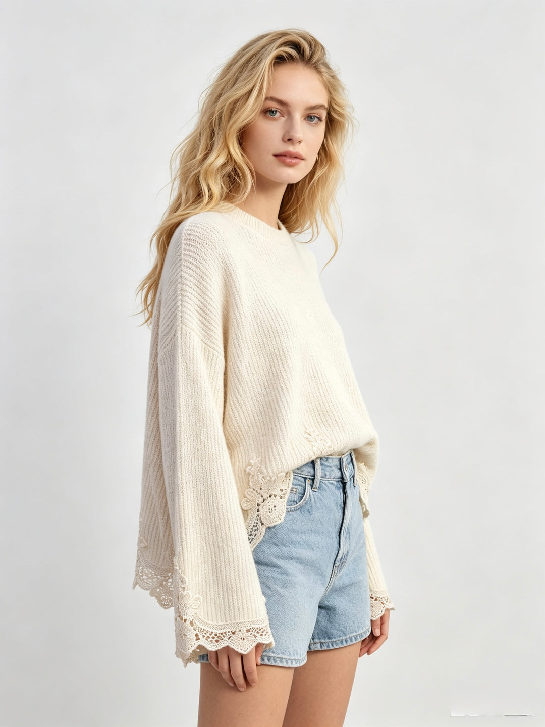 Pull manches dentelle beige 752