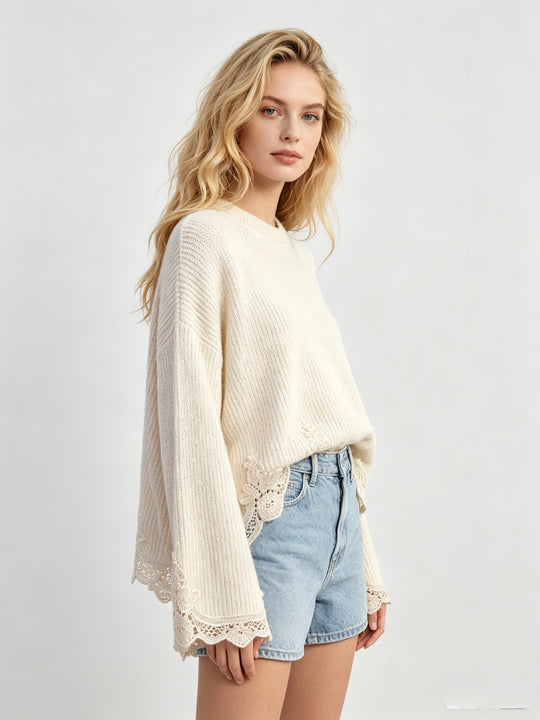Pull manches dentelle beige 752