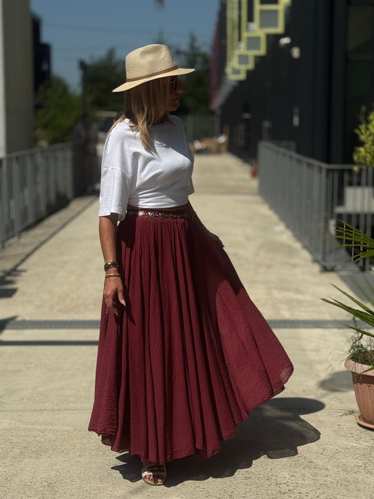 Jupe fluide uni volant bordeaux SANDRA EL803921