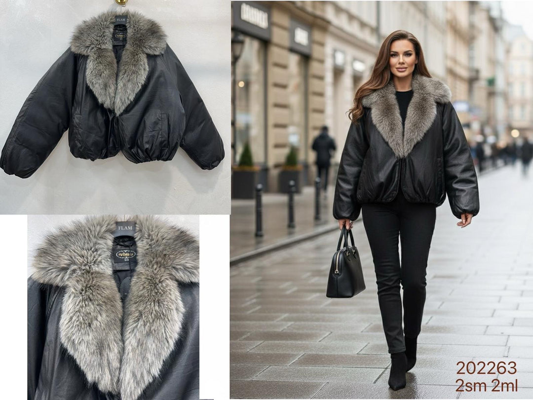 Veste Similicuir doudoune fourrure gris 202263