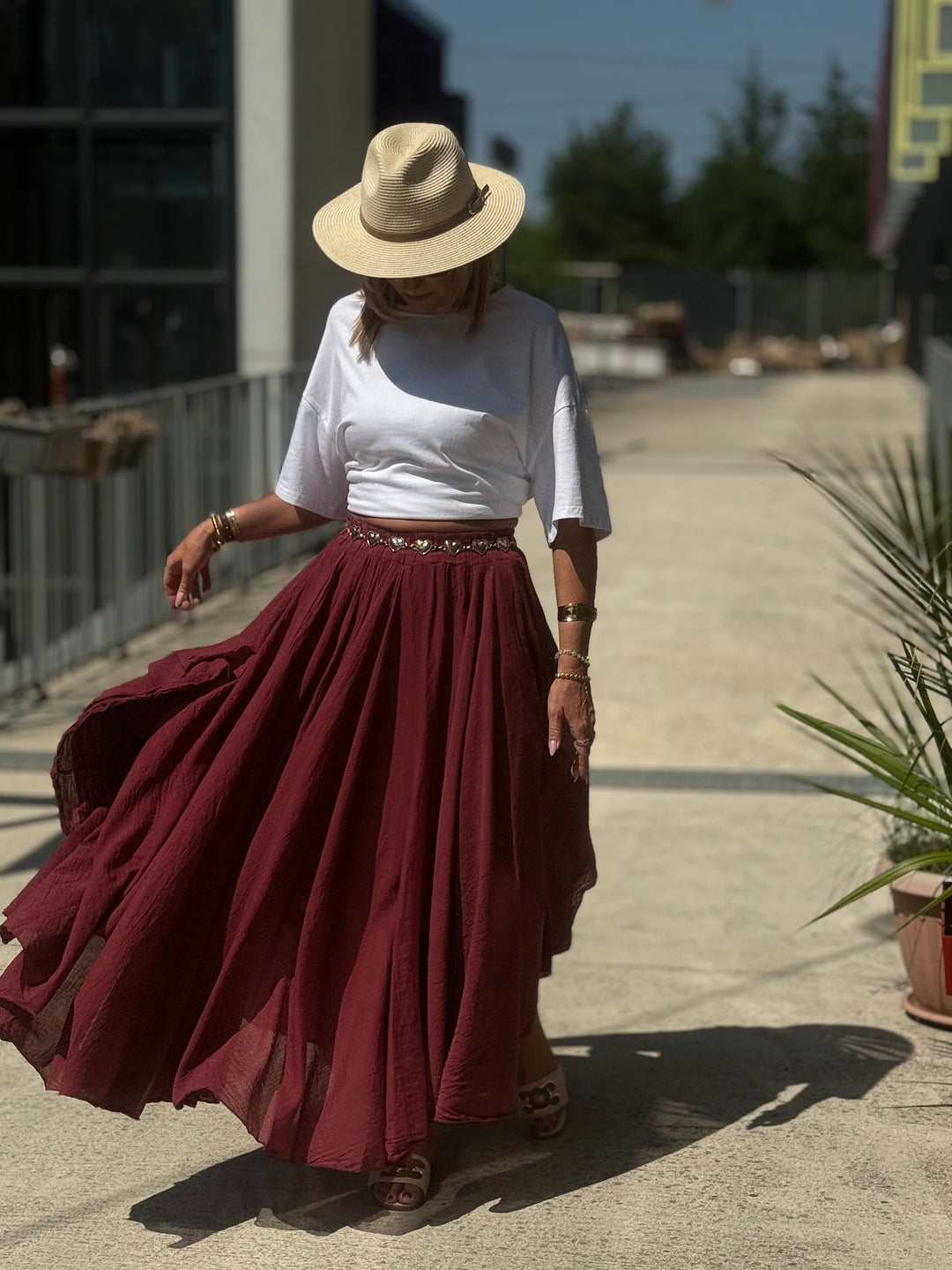 Jupe fluide uni volant bordeaux SANDRA EL803921