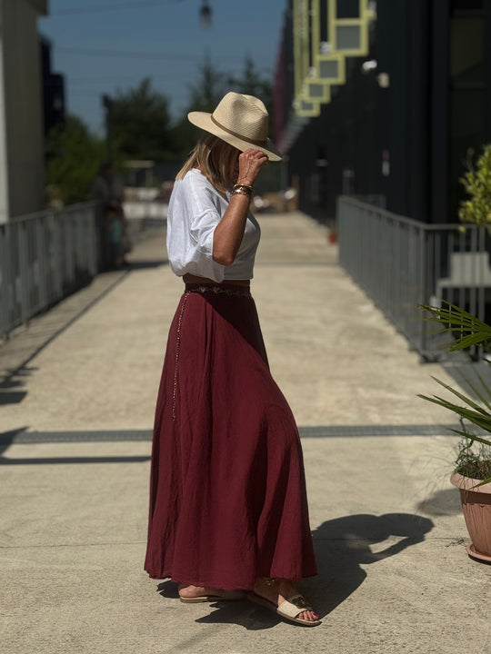 Jupe fluide uni volant bordeaux SANDRA EL803921