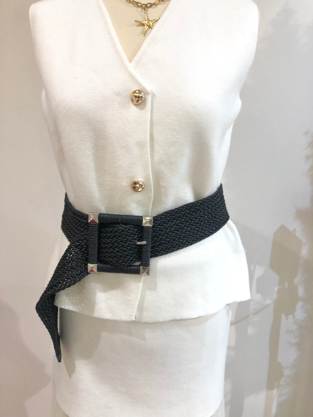 Ceinture Maille noir boucles carrés géométriques argenté