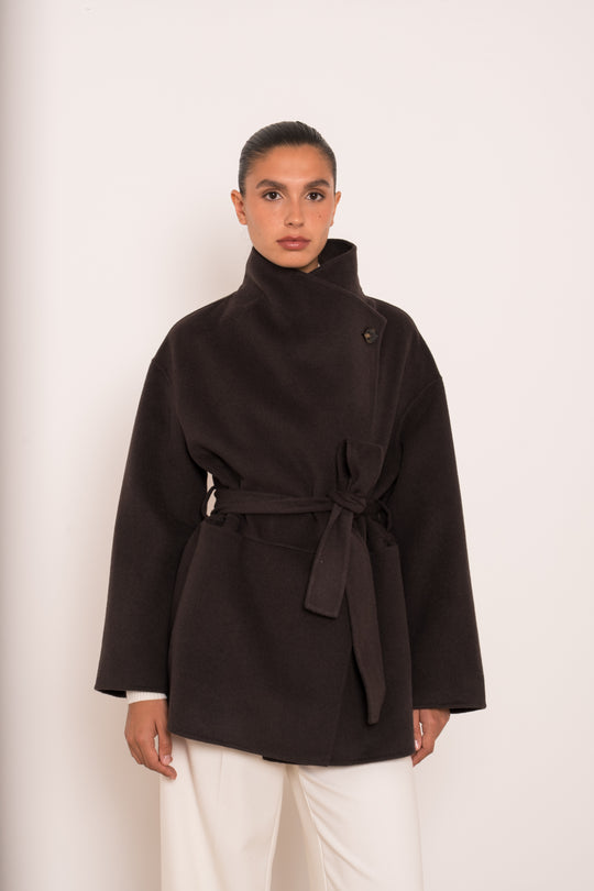Manteau mi-long laine col montant Choco M26137