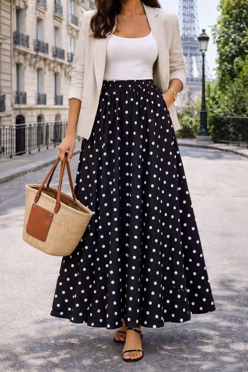 Jupe longue noire à pois 84072