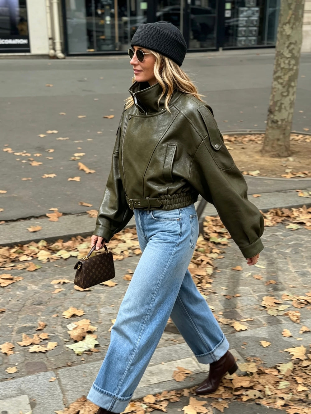 Veste similicuir cintré à la taille 8473 Kaki