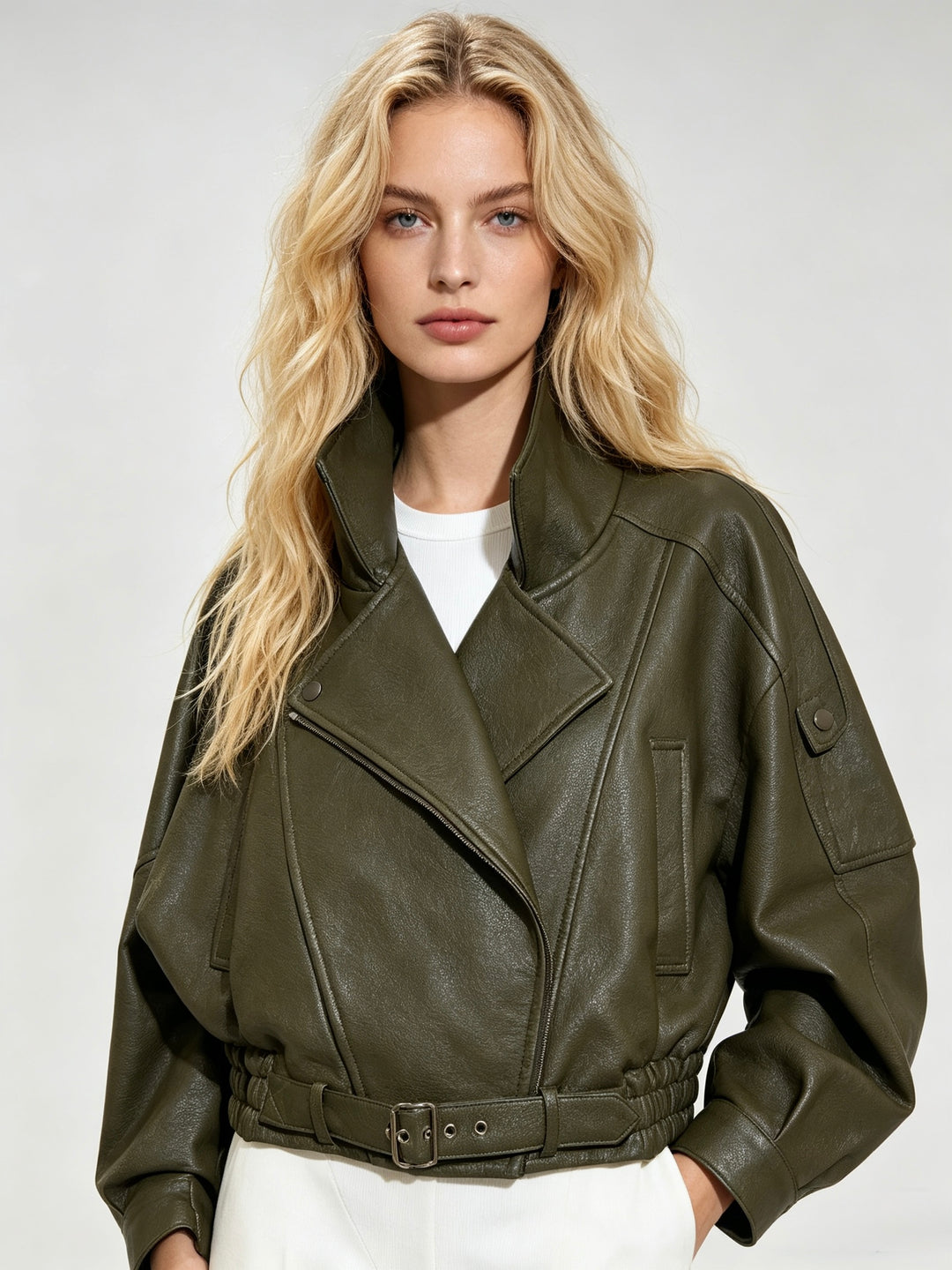 Veste similicuir cintré à la taille 8473 Kaki