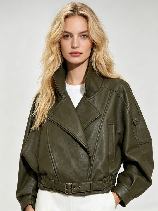 Veste similicuir cintré à la taille 8473 Kaki