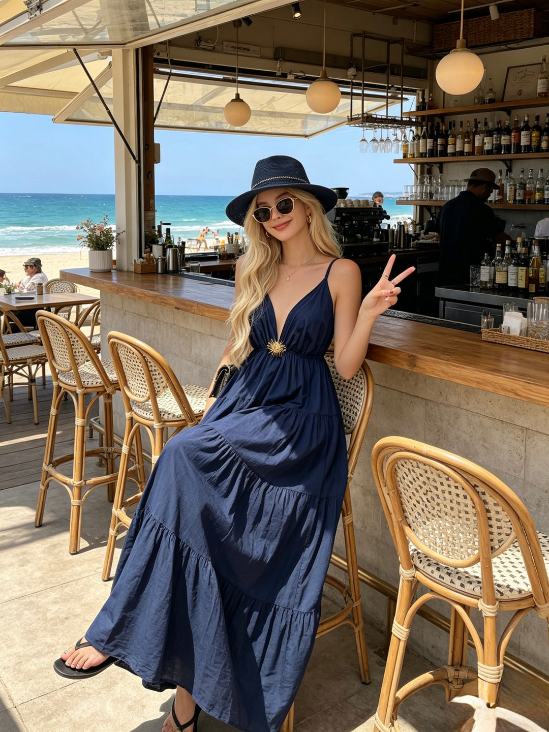 Robe Maxi col V soleil marine 6686