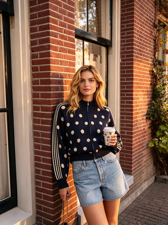 Pull gilet à pois bleu marine 2719