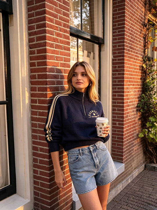 Pull bleu marine bande jaune 2716