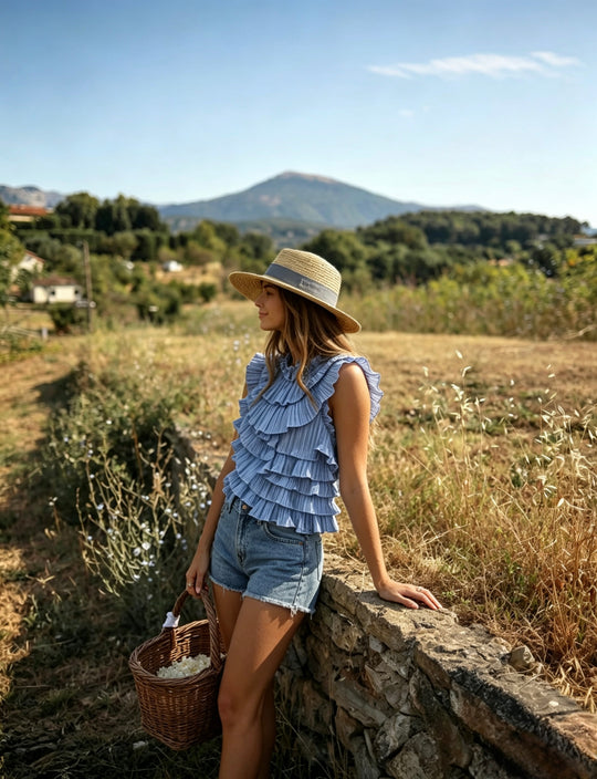 Top dos nus à volants plissés Bleu rayure 2501