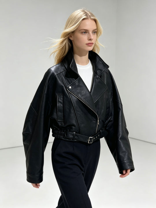 Veste similicuir cintré à la taille 8473 Noir