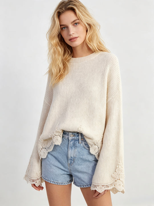 Pull manches dentelle beige 752
