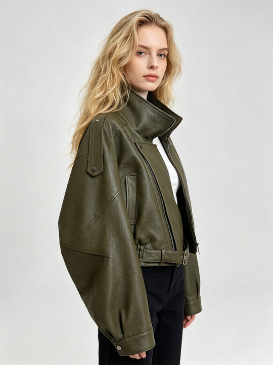 Veste similicuir cintré à la taille 8473 Kaki