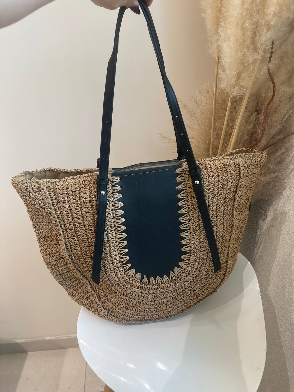 Grand sac paille foncé anse noir