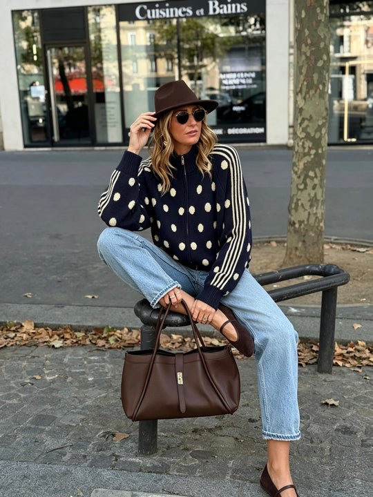 Pull gilet à pois bleu marine 2719