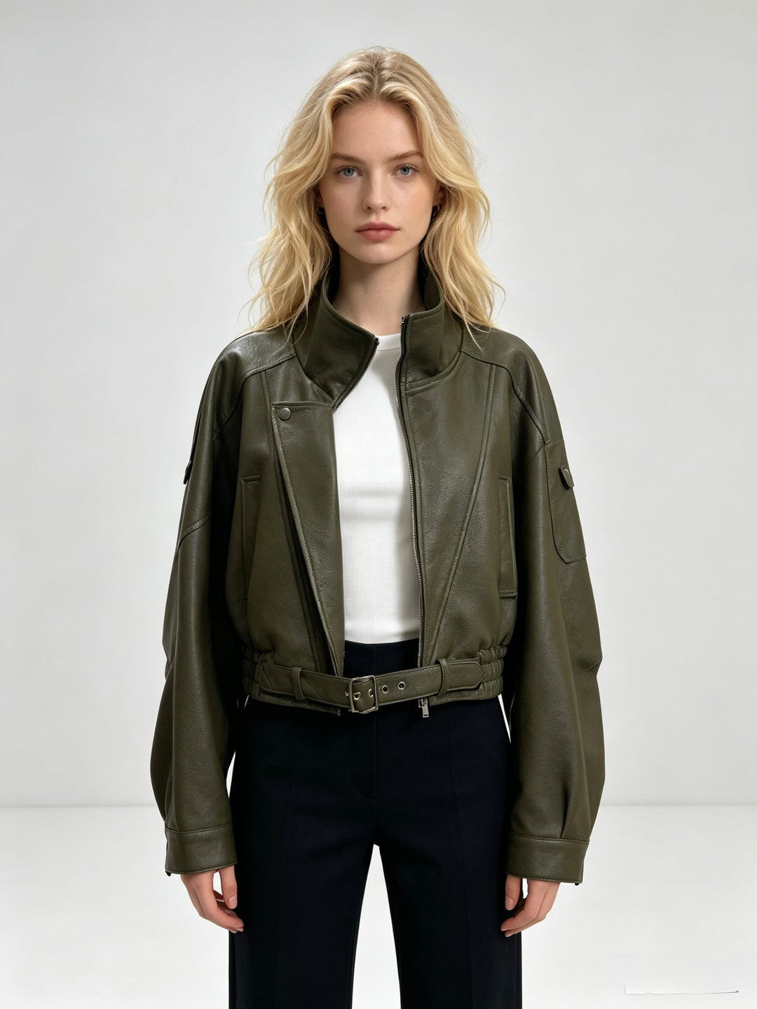 Veste similicuir cintré à la taille 8473 Kaki