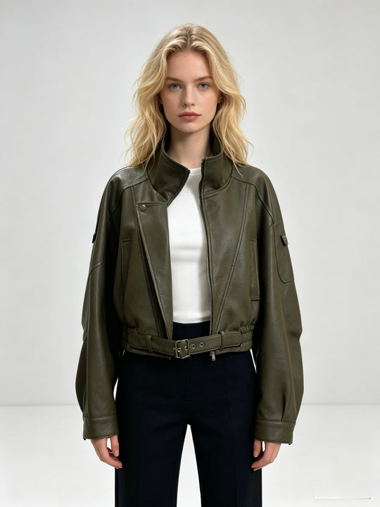 Veste similicuir cintré à la taille 8473 Kaki