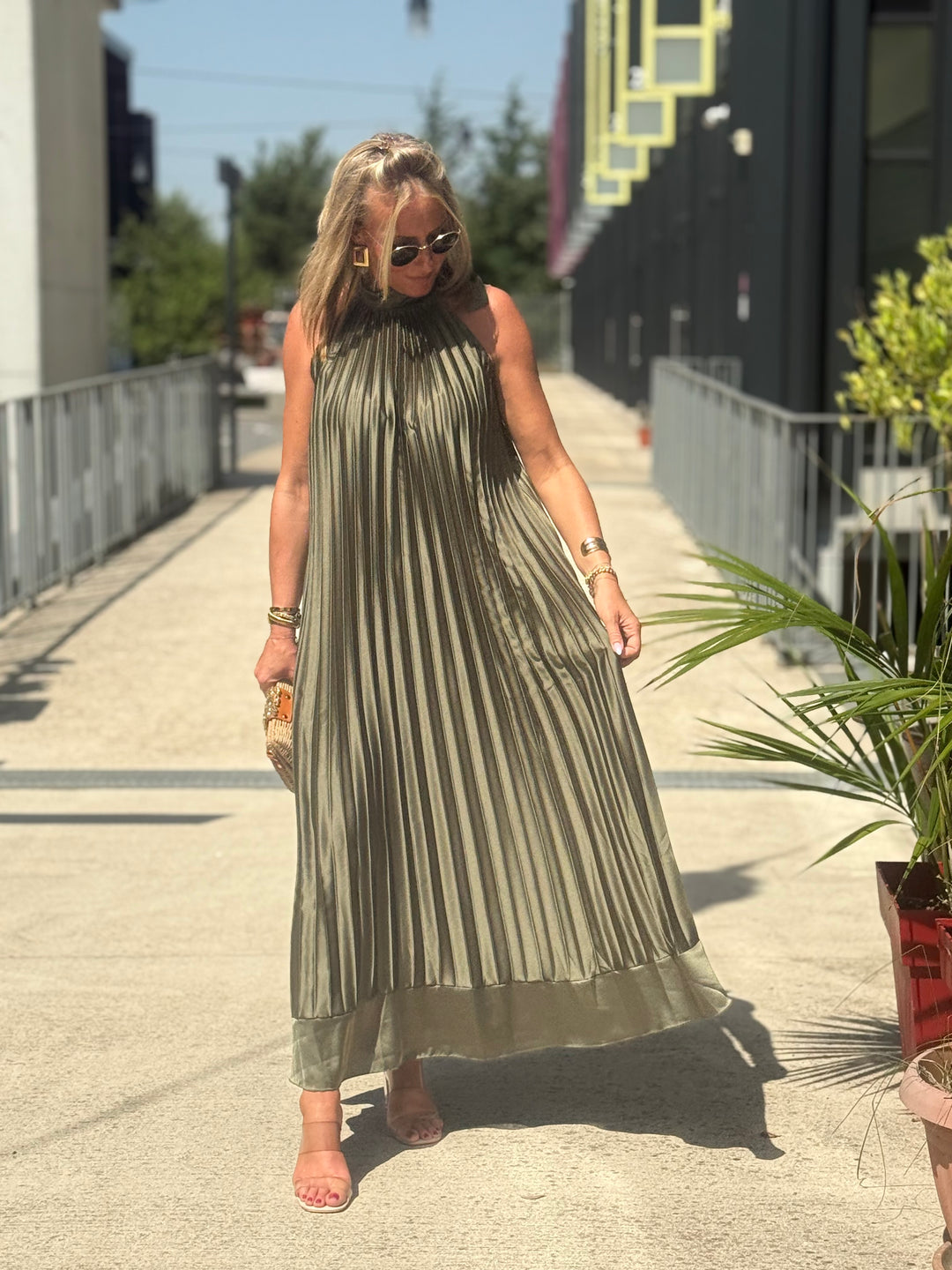 Robe longue plissé kaki 7207