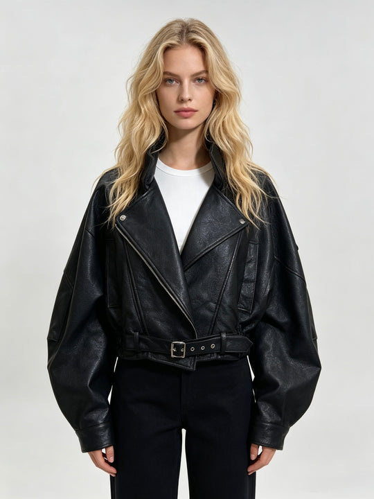 Veste similicuir cintré à la taille 8473 Noir