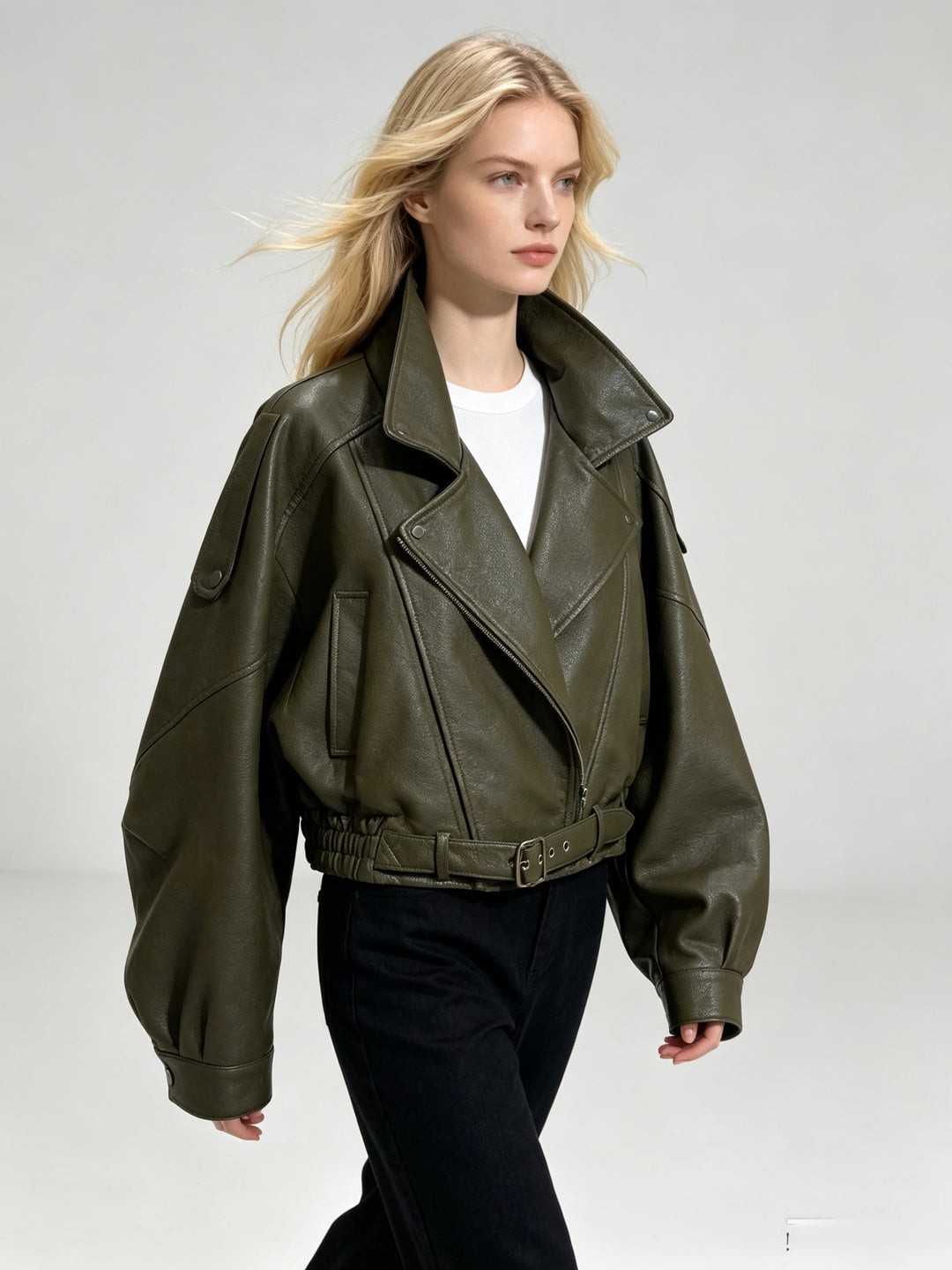 Veste similicuir cintré à la taille 8473 Kaki