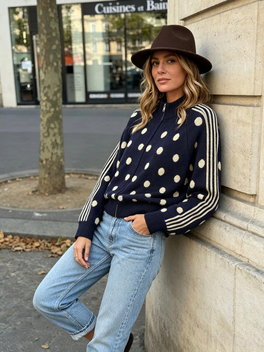 Pull gilet à pois bleu marine 2719