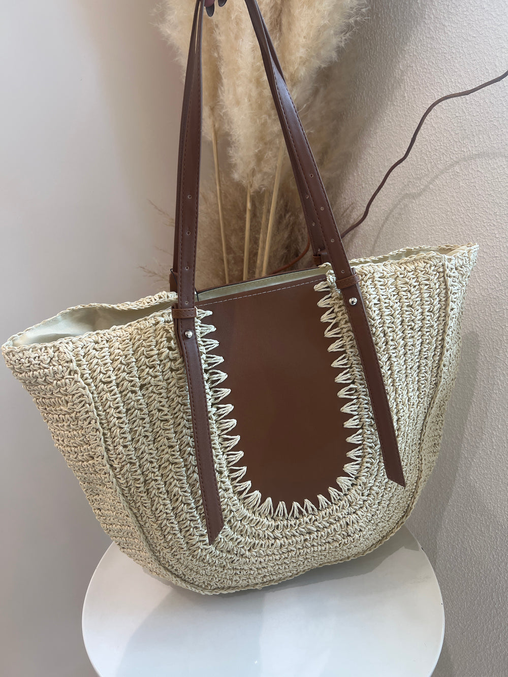 Grand sac paille clair anse camel