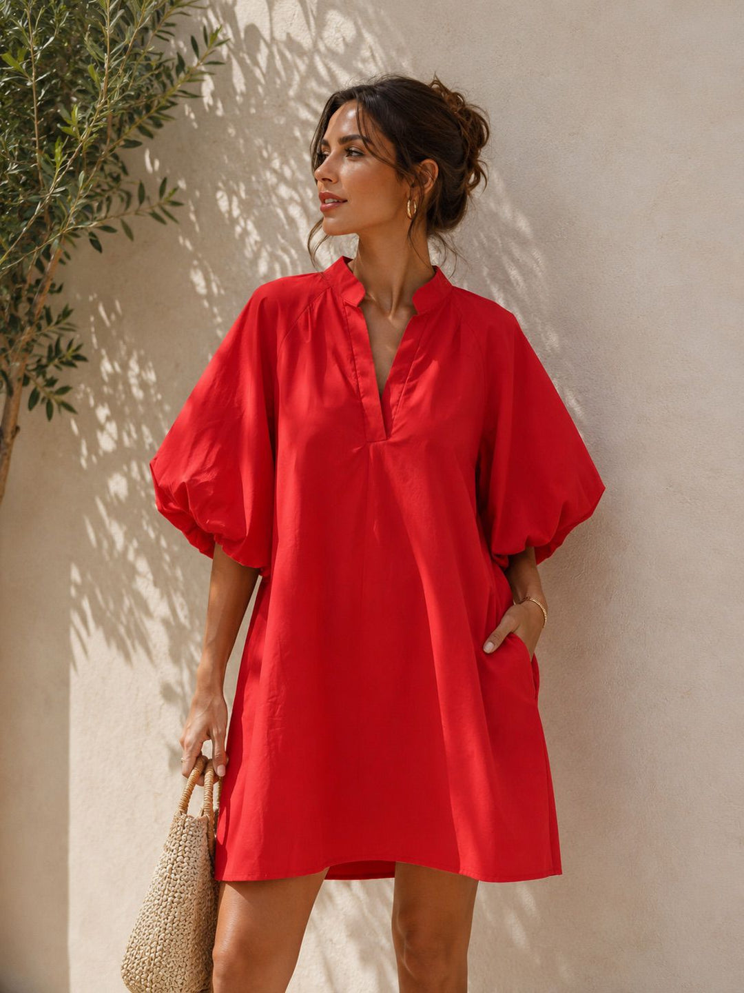 Robe tunique manche bouffante ROUGE 3165