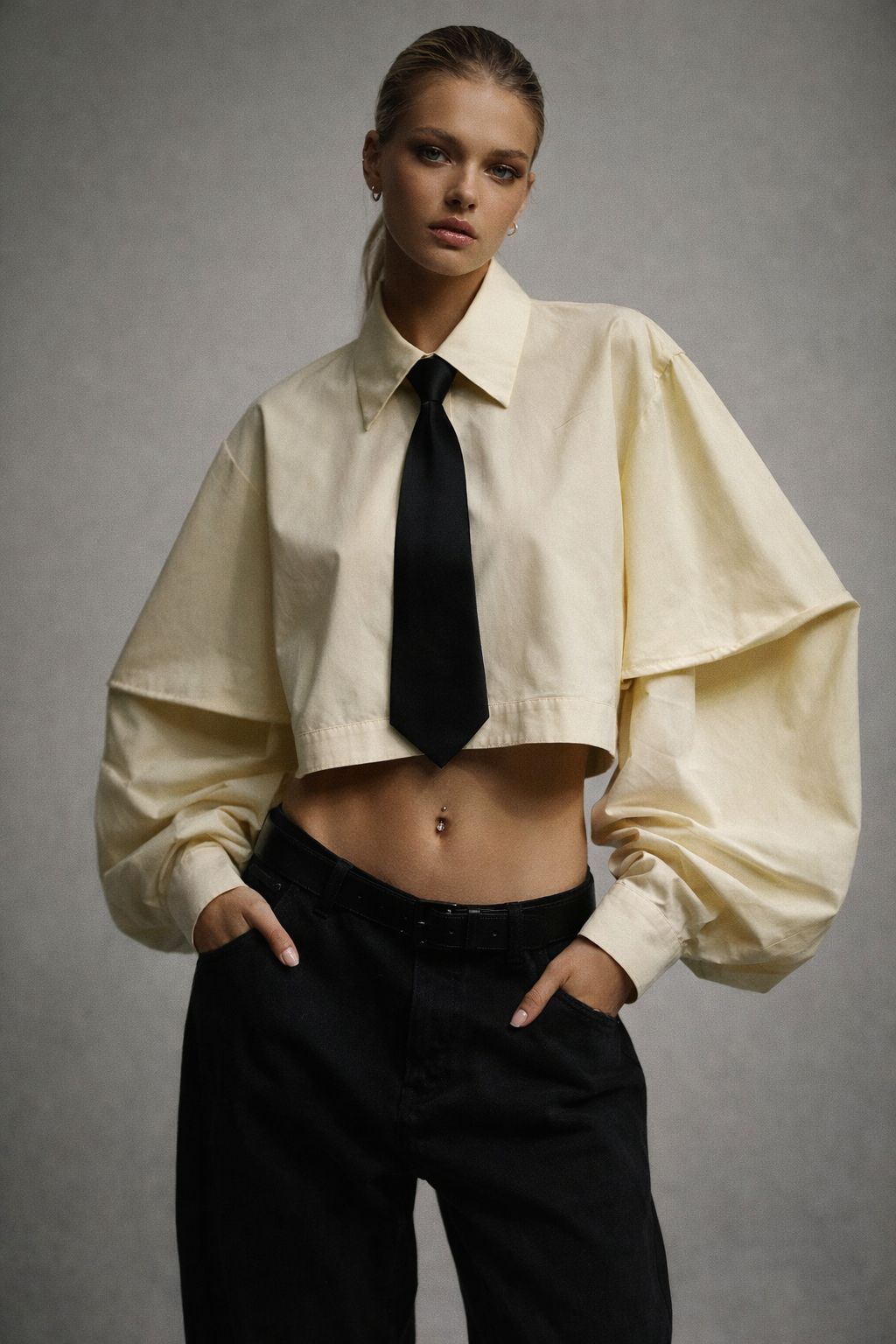 Chemise crop top JAUNE avec cravate 12915