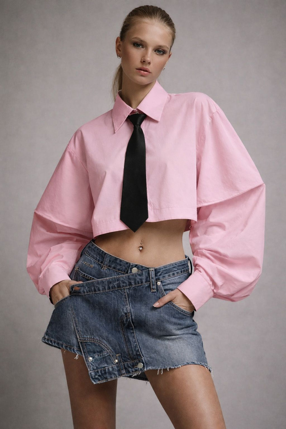 Chemise crop top ROSE avec cravate 12915