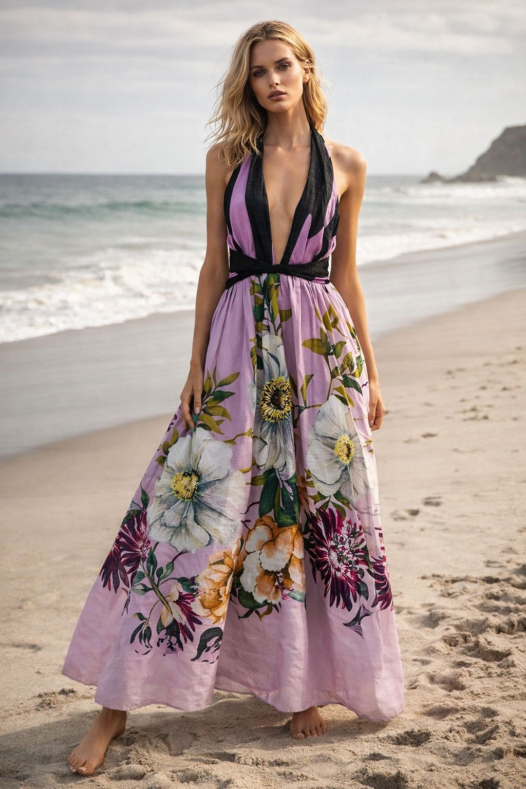 Robe longue imprimée à décolleté plongeant 4718