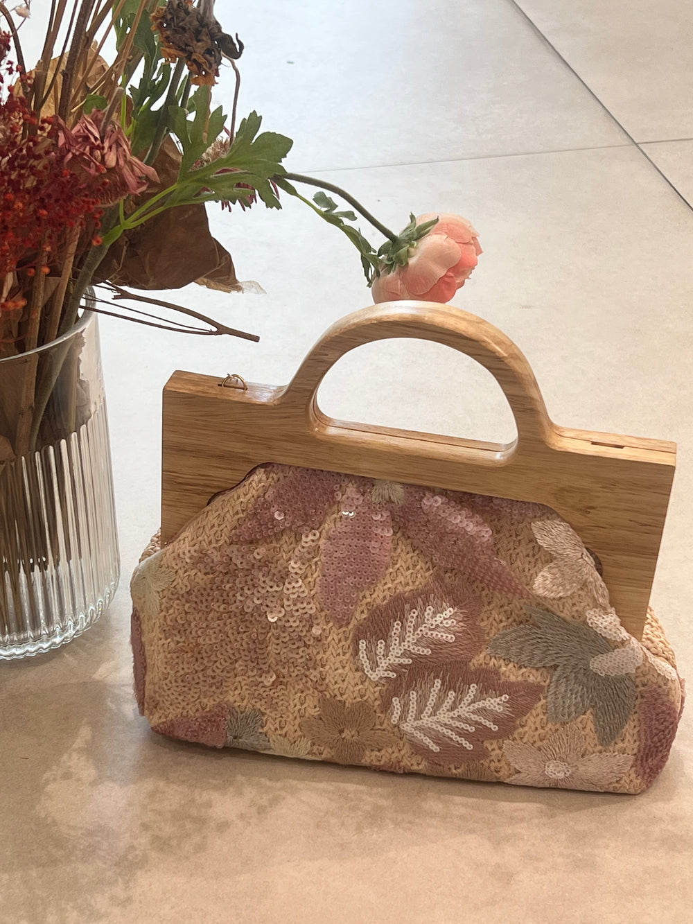 Sac paille bois fleurs paillettes 508374