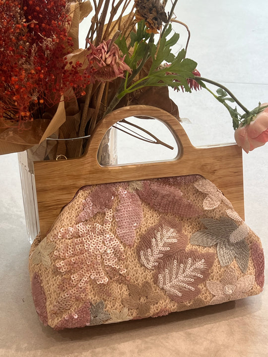 Sac paille bois fleurs paillettes 508374