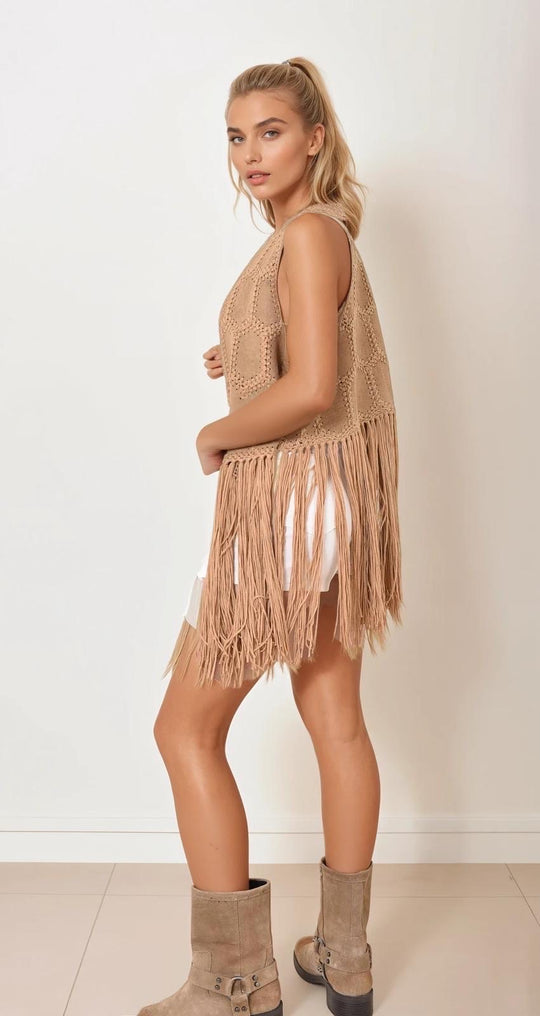 Gilet court camel franges 5001
