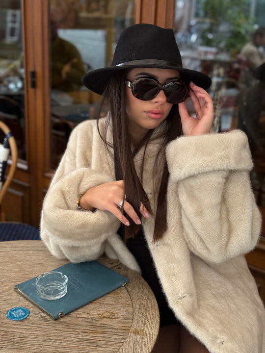 Manteau beige fourrure mi-long F087